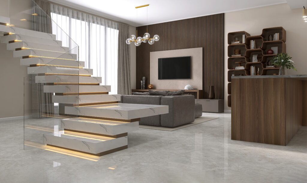White,Marble,U,Shape,Floating,Stair,,Led,Stripe,Light,Staircase,