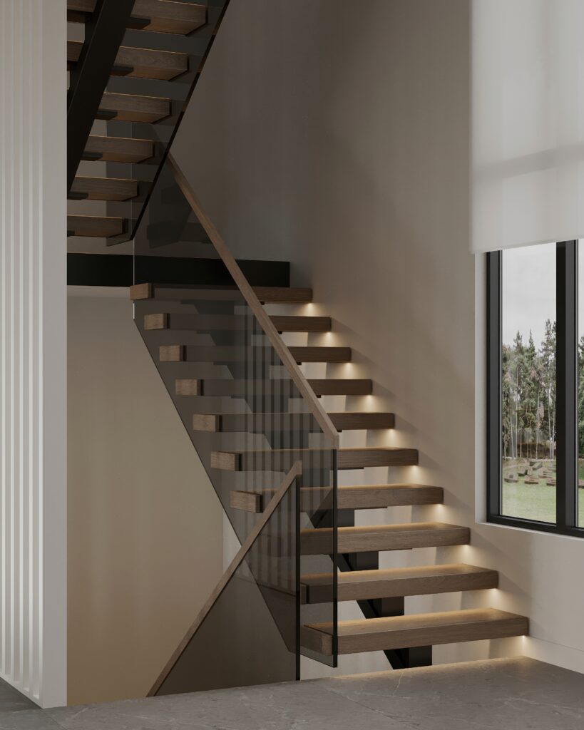 Contemporary,Floating,Staircase,With,Wood,Treads,,Glass,Railing,,And,Integrated