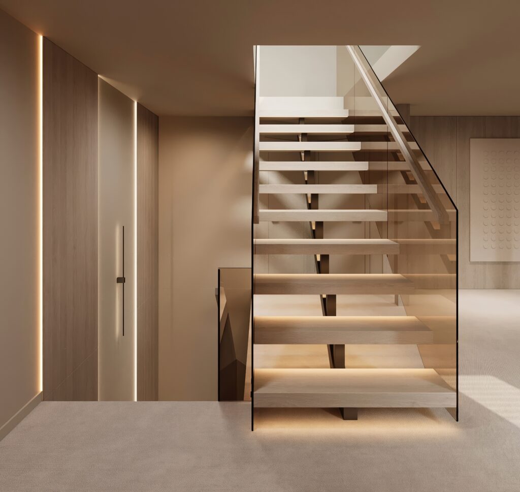 Contemporary,Staircase,With,Glass,Railing,And,Soft,Lighting,,Designed,With